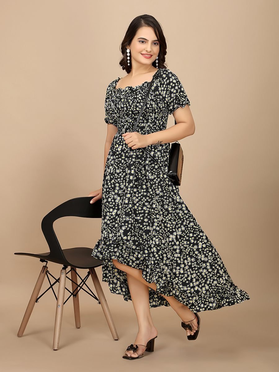 Black Floral Elegance Puff Sleeve High Low Maxi Dress with Elastic Closure Dresses