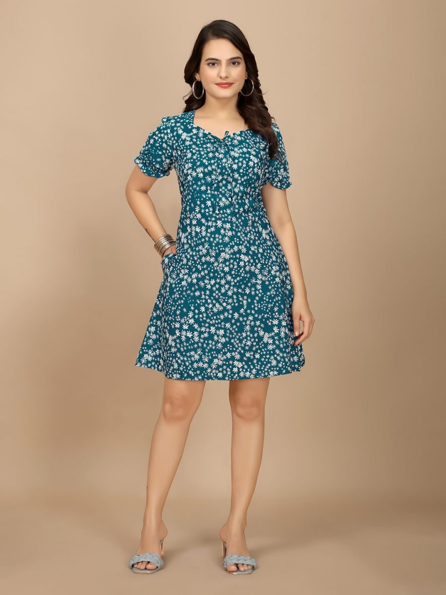 Elegant Rama Floral Crape Dress Sweetheart Neckline   Stylish Puff Sleeves Dresses