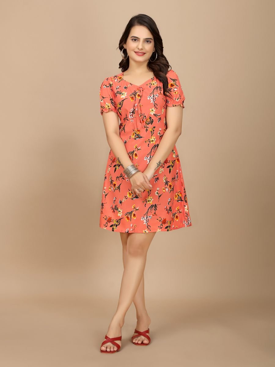 Elegant Red Floral Crape Dress Sweetheart Neckline Stylish Puff Sleeves Dresses