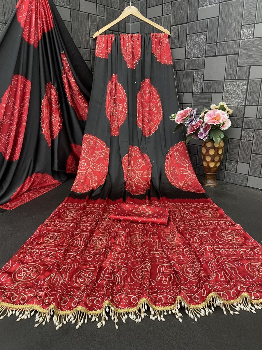 Premium Satin Silk Bandhani Print Saree with Contrast Border