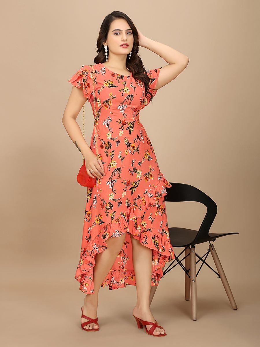Red Floral Elegance High Low Ruffle Hemline Crape Dress with Butterfly Sleeves Dresses