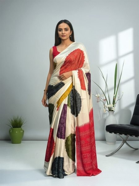 Ajrakh Printed Satin Silk Saree with Blouse Piece Daily Deals