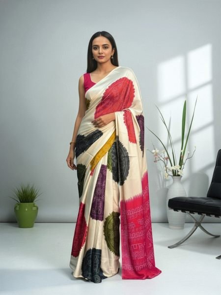 Ajrakh Printed Satin Silk Saree with Blouse Piece Daily Deals