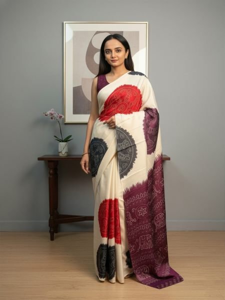Ajrakh Printed Satin Silk Saree with Blouse Piece Printed Sarees