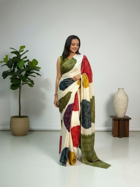 Ajrakh Printed Satin Silk Saree with Blouse Piece Daily Deals