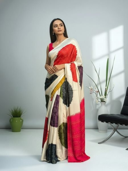 Ajrakh Printed Satin Silk Saree with Blouse Piece Printed Sarees