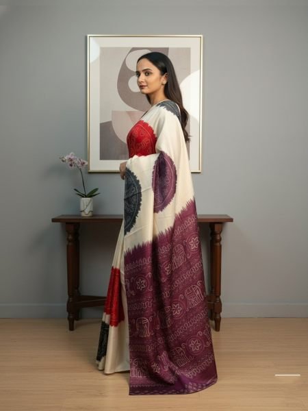 Ajrakh Printed Satin Silk Saree with Blouse Piece Printed Sarees