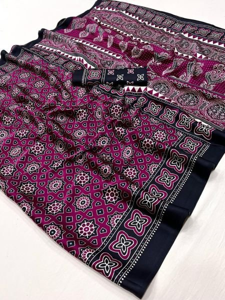 Ajrakh Printed Soft Modal Silk Natural Saree with Unstitched Blouse Daily Deals