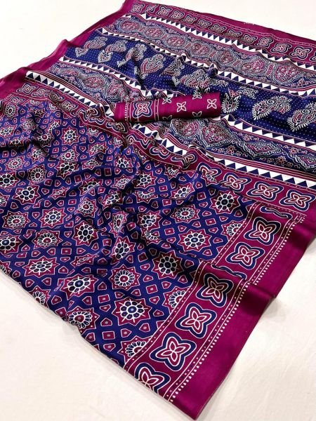 Ajrakh Printed Soft Modal Silk Natural Saree with Unstitched Blouse Daily Deals