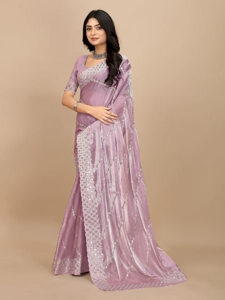Baby Pink Embroidered sequins Organza Fabric with Scalloped Lace Border Designer Sarees