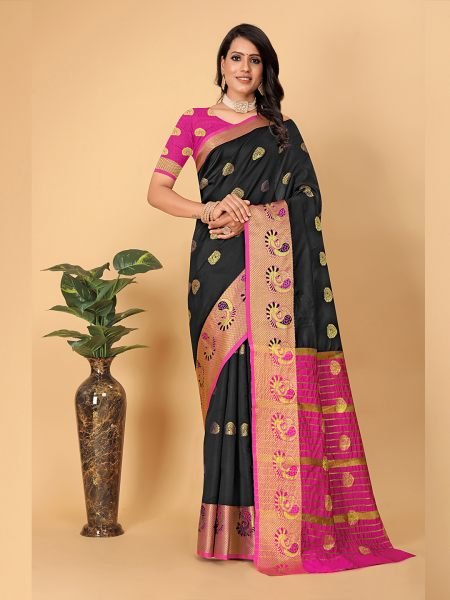 Banarasi Cotton Silk Woven Black Saree Sale