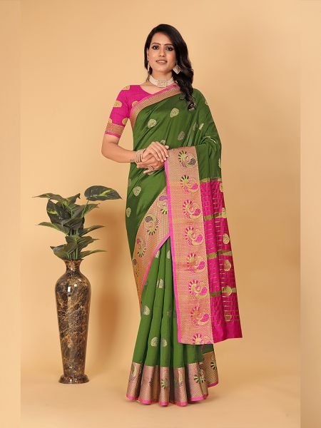 Banarasi Cotton Silk Woven Mendi Green Saree Sale
