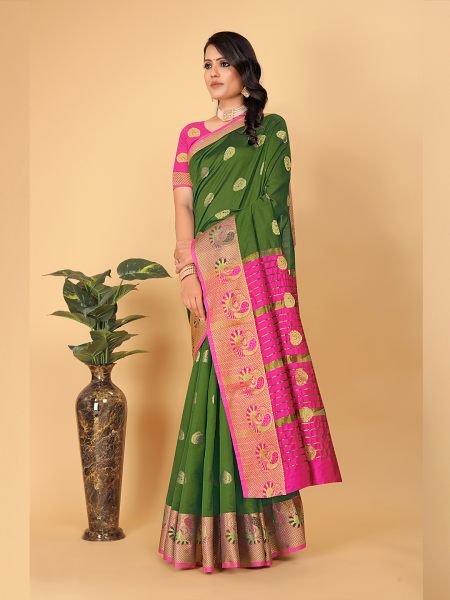 Banarasi Cotton Silk Woven Mendi Green Saree Banarasi Sarees