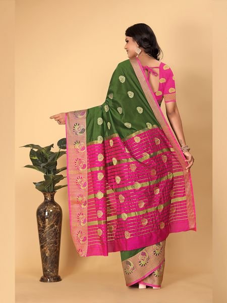 Banarasi Cotton Silk Woven Mendi Green Saree Banarasi Sarees