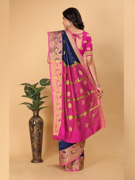Banarasi Cotton Silk Woven Navy Blue Saree Banarasi Sarees
