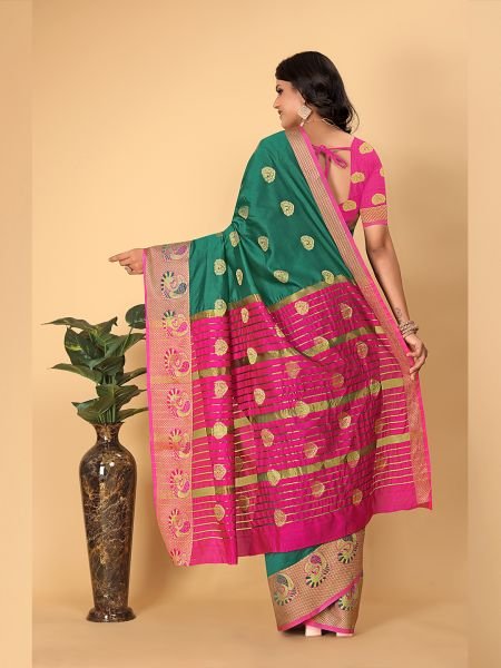 Banarasi Cotton Silk Woven Rama Saree Banarasi Sarees
