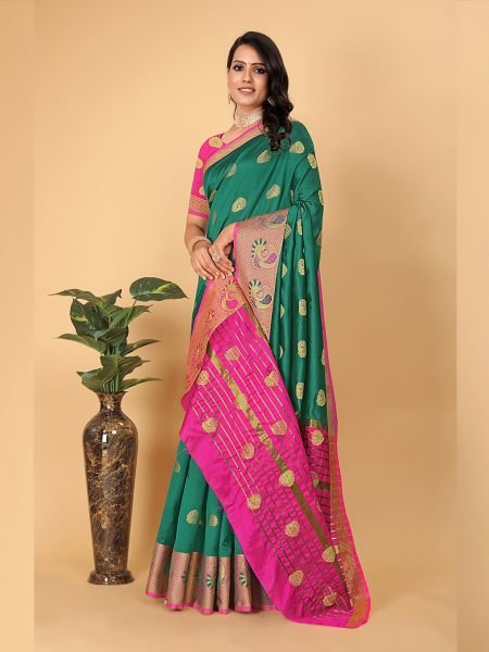 Banarasi Cotton Silk Woven Rama Saree Banarasi Sarees