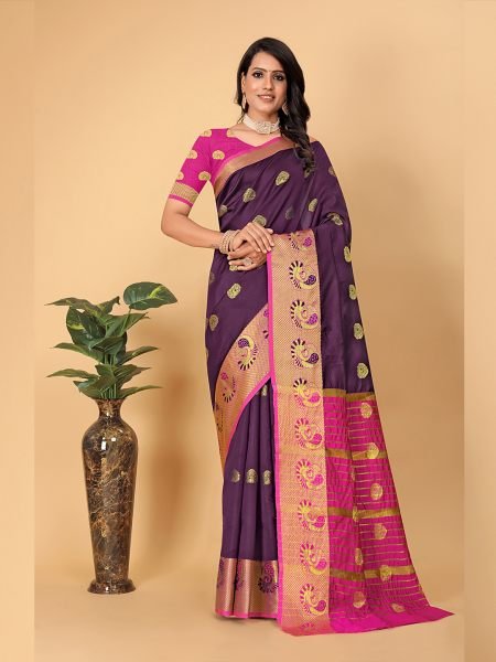 Banarasi Cotton Silk Woven Wine Saree Kanjivaram Sarees