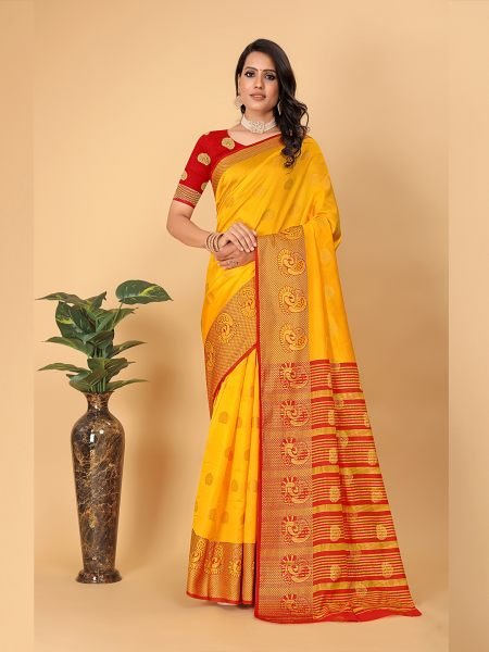 Banarasi Cotton Silk Woven Yellow Saree Sale