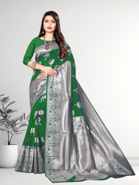 Banarasi Jacquard Copper Zari Green Traditional Saree Sale