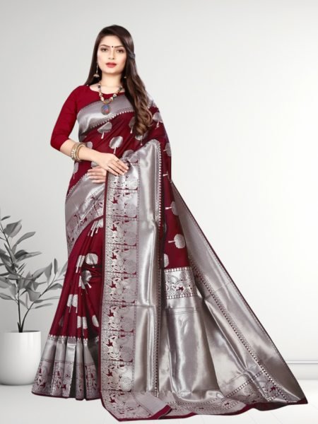Banarasi Jacquard Copper Zari Maroon Traditional Saree Sale