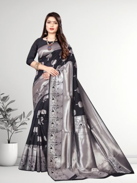 Banarasi Jacquard Copper Zari Black Traditional Saree Sale
