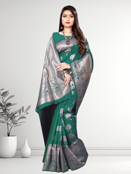 Banarasi Jacquard Copper Zari Rama Traditional Saree Banarasi Sarees