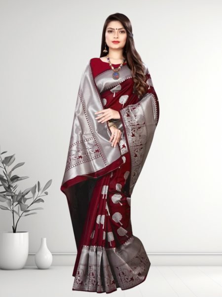 Banarasi Jacquard Copper Zari Maroon Traditional Saree Banarasi Sarees