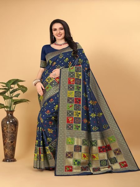  Banarasi Paithani Patola Print Navy Blue Saree Patola Sarees