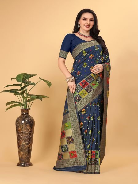 Banarasi Paithani Patola Print Navy Blue Saree Banarasi Sarees