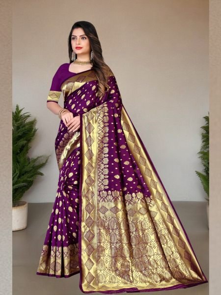 Banarasi Pure Silk Gold Zari Wedding Wear Wine Saree Sale