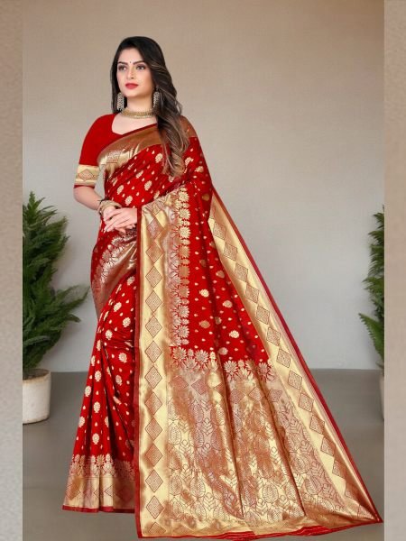 Banarasi Pure Silk Gold Zari Wedding Wear Red Saree Sale