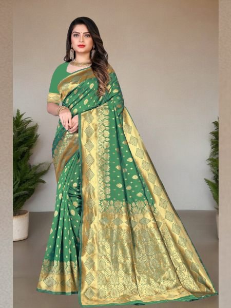 Banarasi Pure Silk Gold Zari Wedding Wear Green Saree Sale