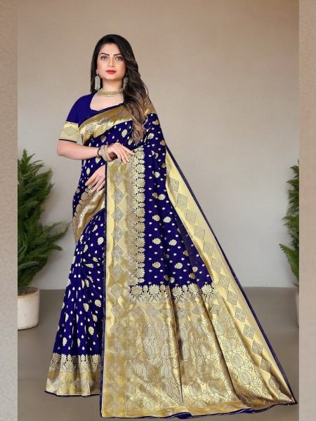 Banarasi Pure Silk Gold Zari Wedding Wear Navy Blue Saree Sale