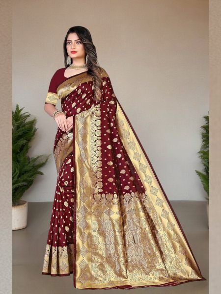 Banarasi Pure Silk Gold Zari Wedding Wear Maroon Saree Kanjivaram Sarees