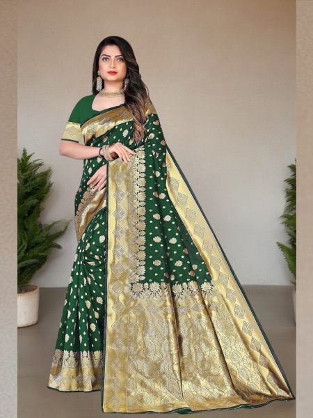 Banarasi Pure Silk Gold Zari Wedding Wear Green Saree Sale