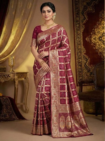 Banarasi Silk Saree with Geometric Woven Design   Rich Zari Border Banarasi Sarees