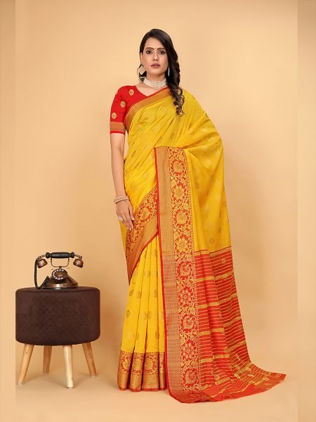 Banarasi Softy Copper Zari Cotton Silk Yellow Saree Kanjivaram Sarees