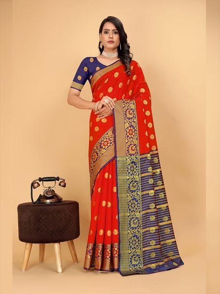 Banarasi Softy Copper Zari Cotton Silk Red Saree Sale