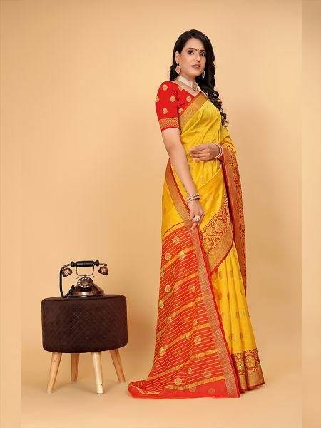 Banarasi Softy Copper Zari Cotton Silk Yellow Saree Banarasi Sarees