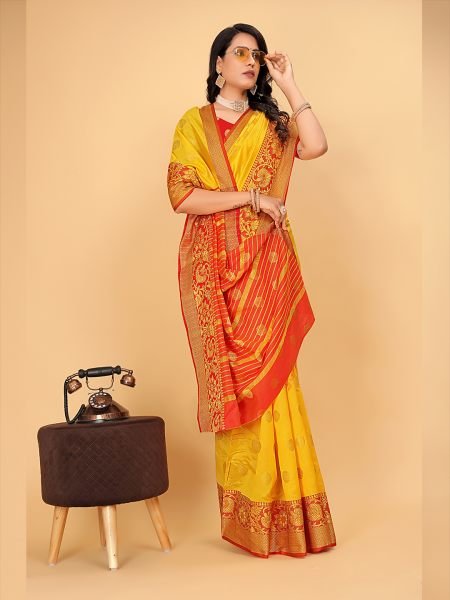 Banarasi Softy Copper Zari Cotton Silk Yellow Saree Banarasi Sarees