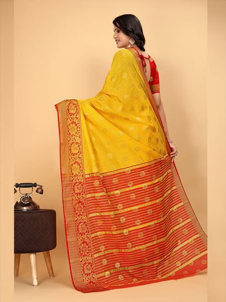 Banarasi Softy Copper Zari Cotton Silk Yellow Saree Banarasi Sarees
