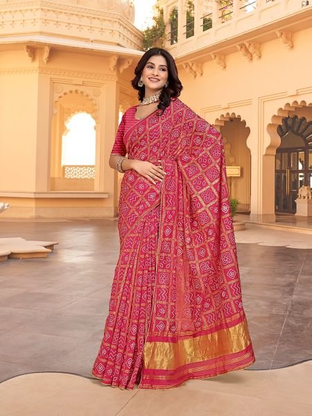 Bandhani Patola Print Lagdi Patta Zari Pallu Gajari Saree Patola Sarees