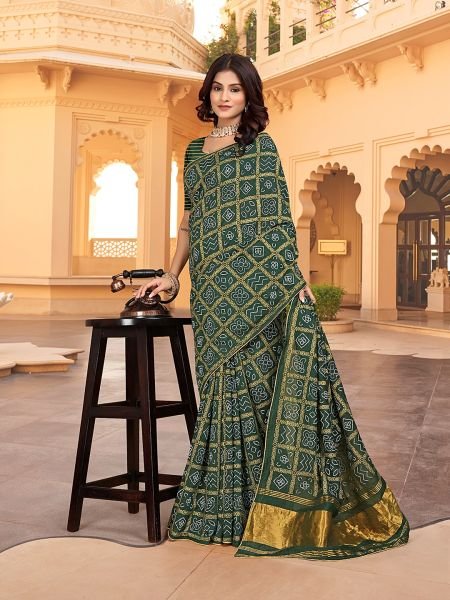 Bandhani Patola Print Lagdi Patta Zari Pallu Green Saree Patola Sarees