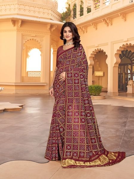 Bandhani Patola Print Lagdi Patta Zari Pallu Maroon Saree Patola Sarees