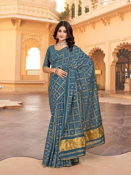Bandhani Patola Print Lagdi Patta Zari Pallu Rama Saree Patola Sarees