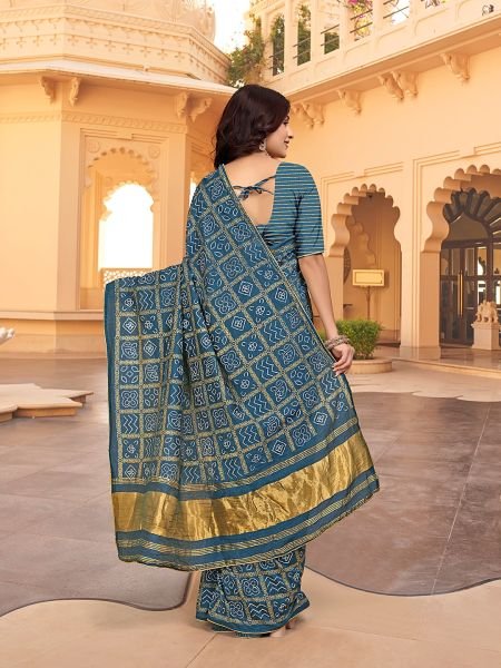 Bandhani Patola Print Lagdi Patta Zari Pallu Rama Saree Printed Sarees