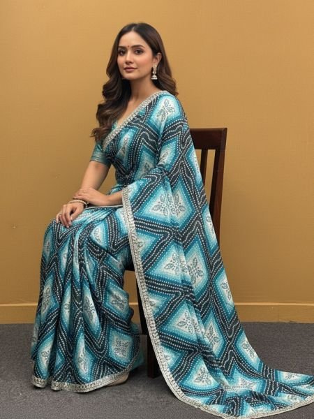 Bandhani Printed Chiffon Saree with Embroidered Border Printed Sarees
