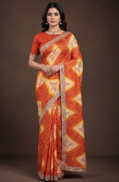 Bandhani Printed Chiffon Saree with Embroidered Border Daily Deals