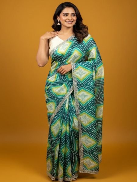 Bandhani Printed Chiffon Saree with Embroidered Border Daily Deals